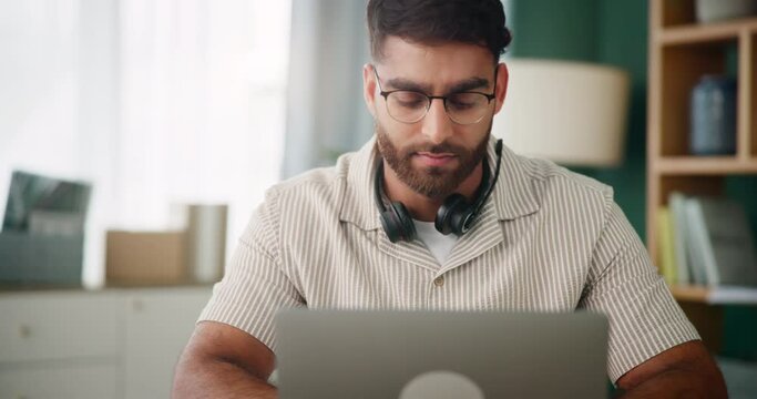 Home, headache or man with laptop in call center overwhelmed by telecom deadline, burnout or stress. Mistake online, migraine pain or annoyed sales agent frustrated by network service in remote work