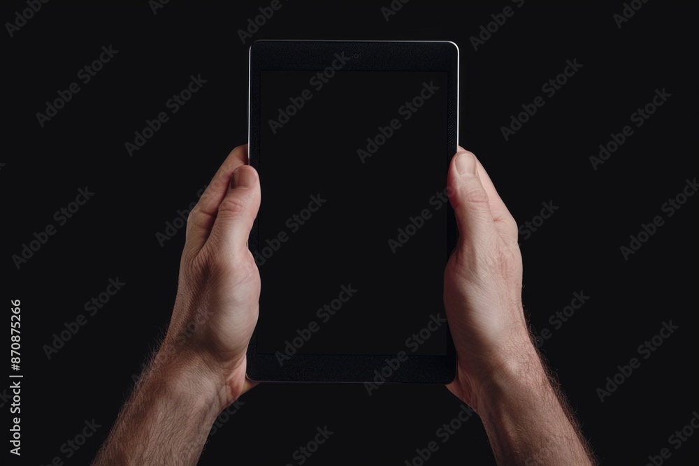 Poster a person holding a tablet computer with hands, suitable for tech-related concepts and digital commun