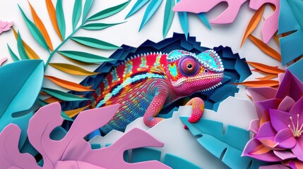 Illustration of bold colors chameleon, peeking out from hole surrounded with tropical exotic leaves, lizard in jungle plants in paper cut style, AI generated image