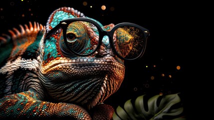 Banner with funny chameleon wearing sunglasses and tropical leaves, exotic bold colors lizard, promo background with copy space, AI generated image