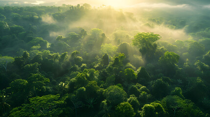 Obraz premium Aerial view of lush rainforest at sunrise. Generative by AI