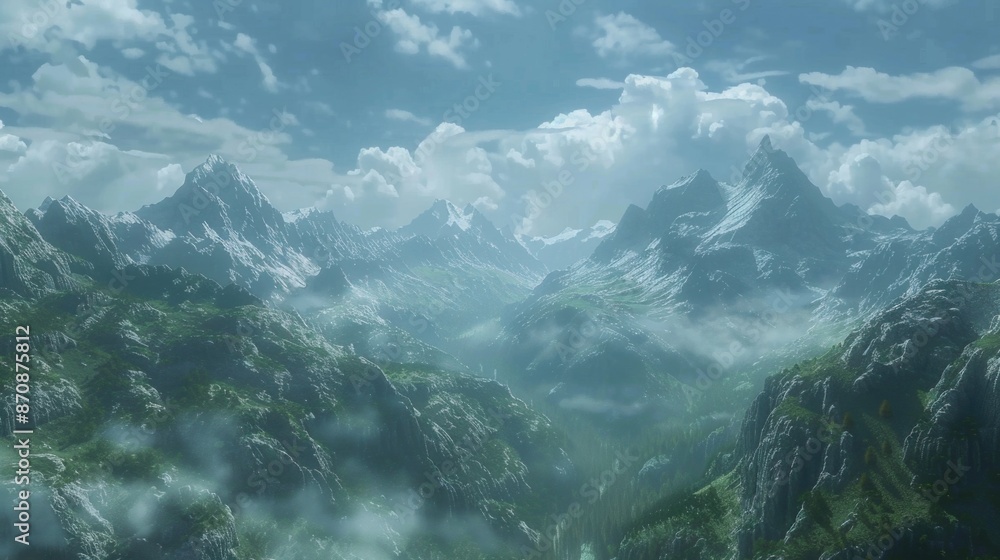 Poster a scenic view of a mountain range with clouds drifting across the sky, suitable for use as a backgro