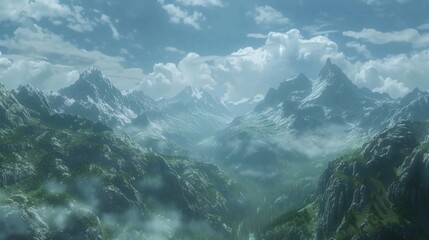 A scenic view of a mountain range with clouds drifting across the sky, suitable for use as a background or to represent nature and outdoors