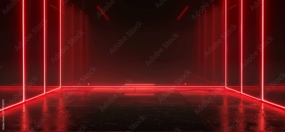 Poster an image of a 3d rendering of a dark corridor lit by red neon lights. reflections can be seen on the