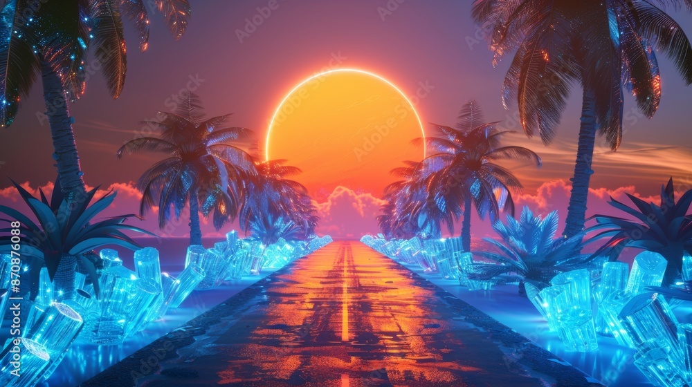 Wall mural Vacawave 3D illustration background with mountains, sun, and stars. Customized retro 80s retro sci-fi videogame landscape with neon lights, neon grid, and low poly terrain.