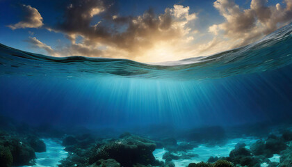 Fototapeta premium An awe-inspiring image capturing a mesmerizing ocean surface split view. Sun's rays penetrate through the water, illuminating the underwater sea bed filled with rich marine life.