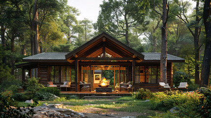 Naklejka premium Small cabin with porch in woods. Generative by AI