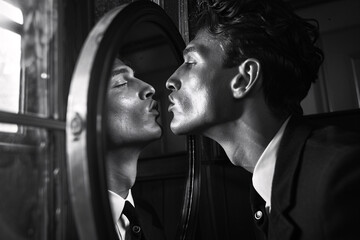 Monochrome photo of a handsome man trying to kiss his own image in a mirror, narcissism concept