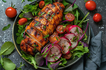 food dinner grill meal healthy salad tomato roast fillet diet meat lunch vegetables plate cooked cuisine dish lettuce chicken gourmet barbecue background