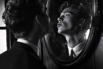 Monochrome photo of a handsome man trying to kiss his own image in a mirror, narcissism concept