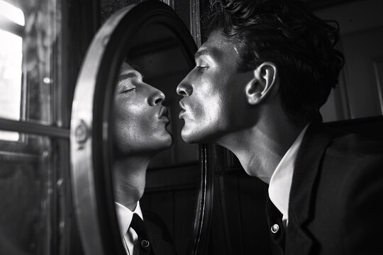 Monochrome photo of a handsome man trying to kiss his own image in a mirror, narcissism concept