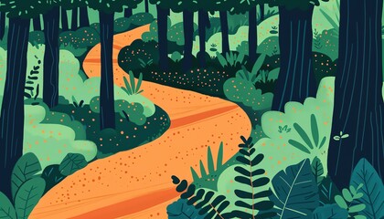 Nature trail, winding path through woods, flat design illustration