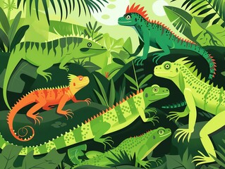 Wildlife habitat with reptiles, basking lizards, flat design illustration