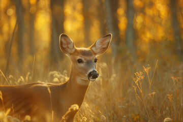 Roe deer buck on summer meadow at sunset