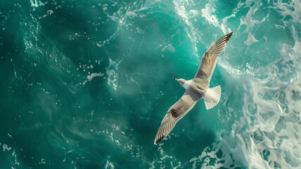Obraz premium Graceful Seagull Soaring Over Turquoise Ocean Waves in Bright Daylight