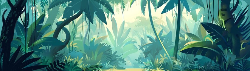 Jungle landscape, dense tropical forest, flat design illustration