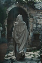 A person wearing a cloak walks along a stone path, surrounded by nature