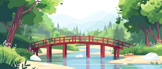 Nature trail with bridge, crossing stream, flat design illustration