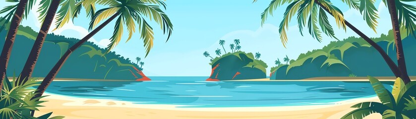 Tropical landscape, palm trees and beach, flat design illustration