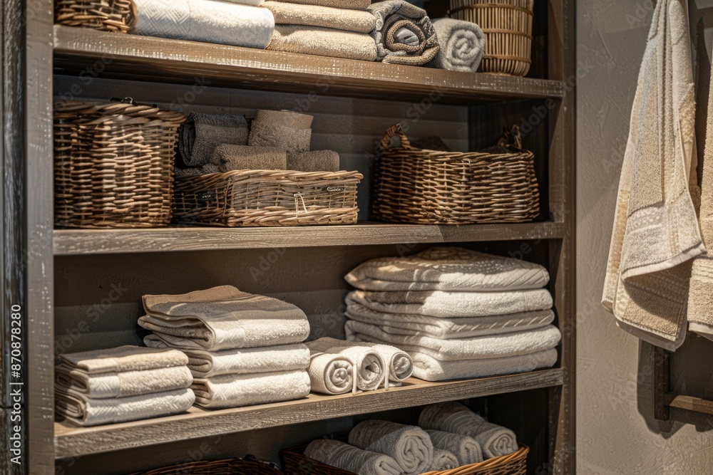 Poster a collection of towels and baskets placed neatly on a shelf