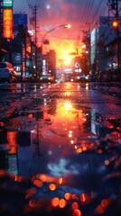 Obraz premium Urban puddle reflecting city lights at night, 8K, Ultra HD