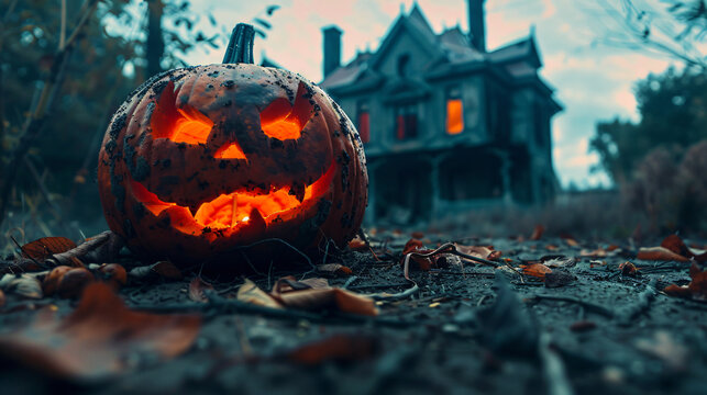 A sinister glowing jack-o'-lantern in the foreground of an eerie, dimly lit haunted house with an ominous autumn setting.