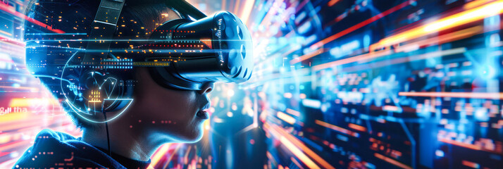 Person exploring digital world using VR headset