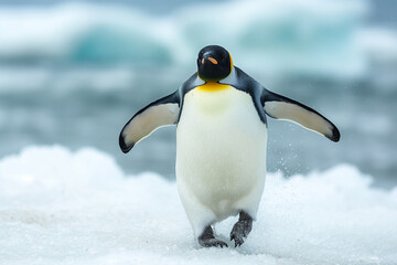 Penguins in the arctic walking around snow area.