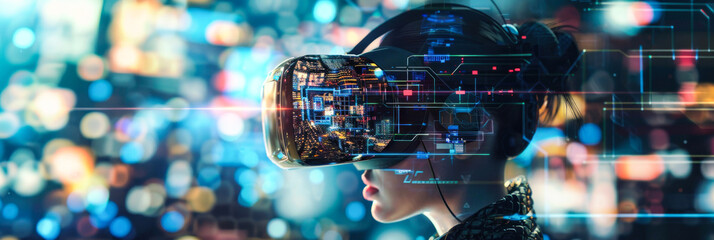 Close-up of woman in VR headset, digital overlay