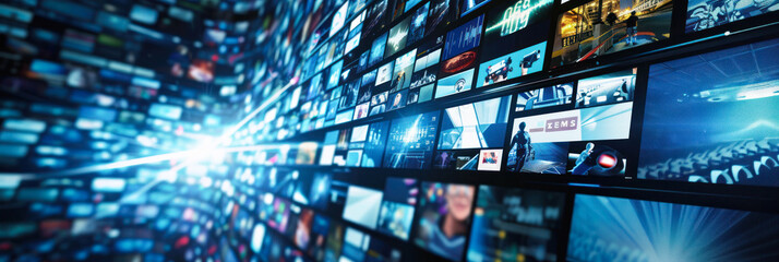 Extensive digital screens on curved wall, bright scene