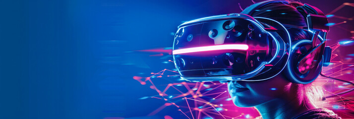 Close-up of person wearing high-tech VR headset.