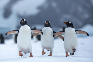 Obraz premium Penguins in the arctic walking around snow area.