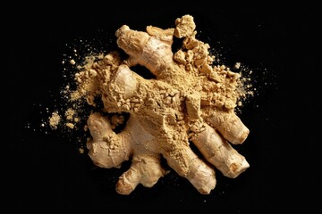 Obraz premium A close-up shot of ginger root and powder on a dark background