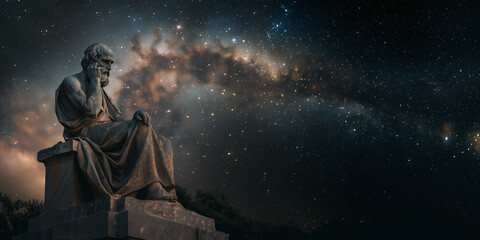Ancient Stoic Philosopher Statue Under Starry Night Sky with Milky Way
