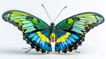 Fototapeta premium Close-up of a vibrant, colorful butterfly with green, blue, and yellow wings, isolated on a white background.