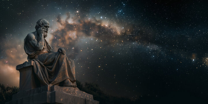 Ancient Stoic Philosopher Statue Under Starry Night Sky with Milky Way