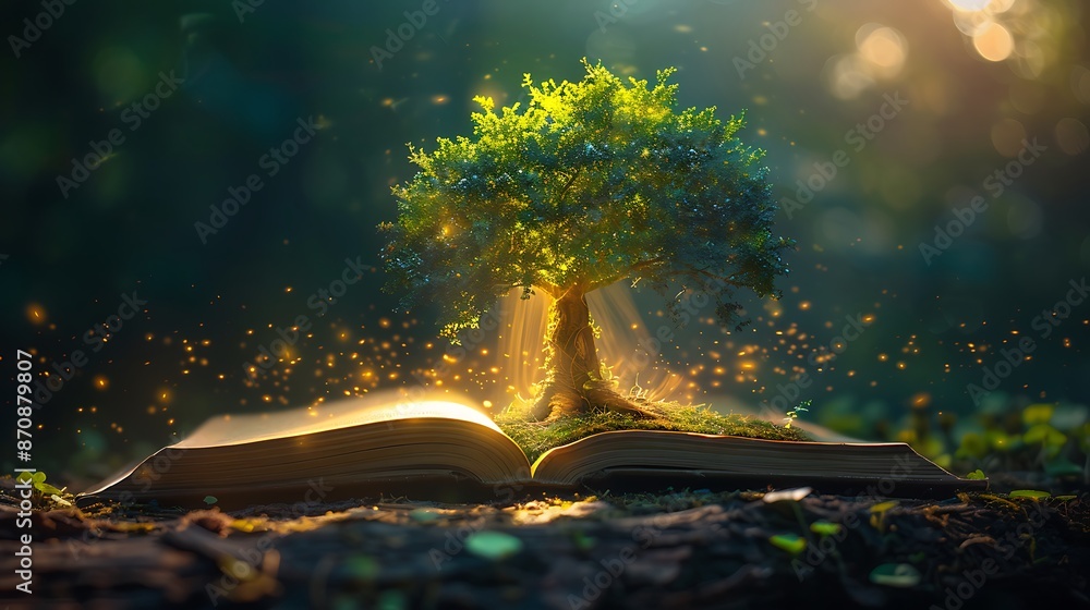 Poster an open book with an illuminated tree growing from its pages, symbolizing knowledge and growth, set 