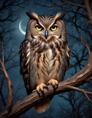 Fototapeta premium Upon a tree branch in the stillness of the night a wise old owl gazes solemnly with its piercing eyes and its feathers ruffled gently by the whispering wind