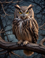 Fototapeta premium Upon a tree branch in the stillness of the night a wise old owl gazes solemnly with its piercing eyes and its feathers ruffled gently by the whispering wind