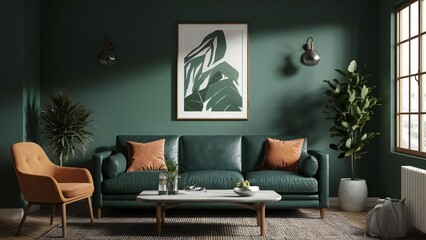 Blank poster in blue living room background, 3d illustration