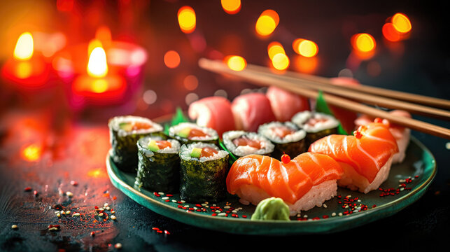 Overhead japanese sushi food. Maki ands rolls with tuna, salmon, shrimp, crab and avocado. Top view of assorted sushi, all you can eat menu. Rainbow sushi roll, uramaki, hosomaki and nigiri