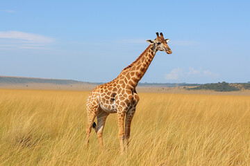 Obraz premium Giraffe in savanna Africa meadow field with sunset background.