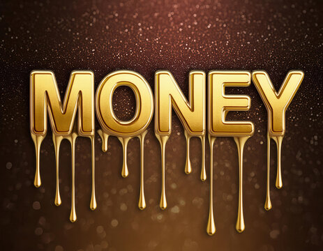 Glossy gold text spelling 'MONEY' with a dripping effect on a glittery background. Ideal for financial, luxury, and wealth-themed designs. Shiny, opulent, and visually striking illustration