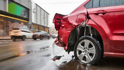 Red car with rear-end damage from a traffic accident, shown in close-up with blurred traffic in the background. The damaged area is wet, indicating recent rain.