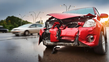 Naklejka premium Red car with rear-end damage from a traffic accident, shown in close-up with blurred traffic in the background. The damaged area is wet, indicating recent rain.