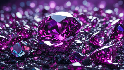 Glistening purple gemstones form a shiny diamond scene, symbolizing fashion, glamour, and wealth with brilliance and elegance