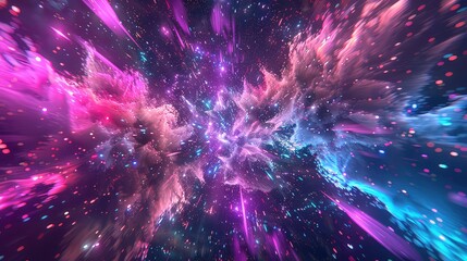 rendering 3d other celebration carnival party event background cosmic universe explosion galaxy light speed colors glow neon purple blue abstract bg fireworks photon ray technology flash.
