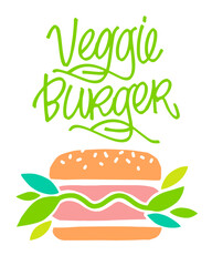 Veggie Burger icon, lettering, hand drawn label, Calligraphy. Plant based hamburger. Vector Illustration, food element for vegan cafe menu, banner.