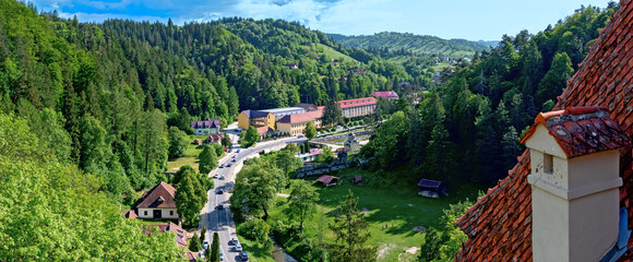 panoramic view from the famous Dracula palace Bran onto the national street 73 in the southern...