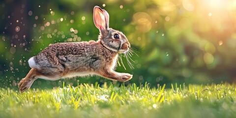 Swift Rabbit Leaping in a Sunlit Meadow with Sparkling Dewdrops